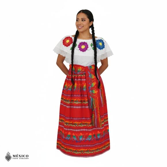 Traditional Mexican Floral Cambaya Dress Set – Handmade Two-Piece Skirt & Blouse - Picture 5 of 7